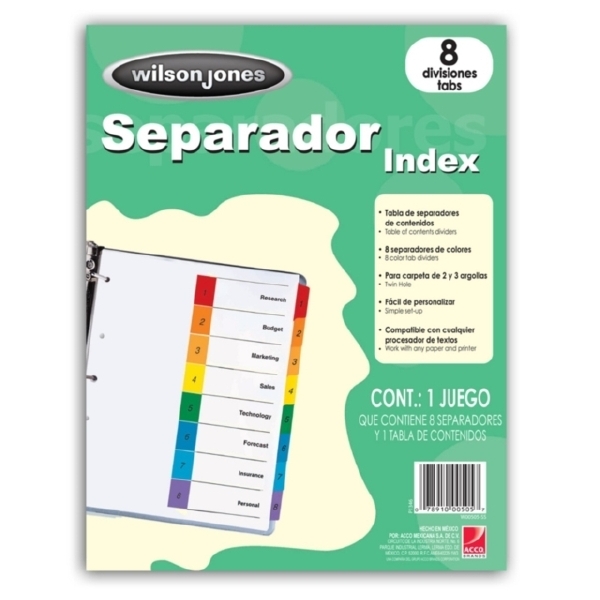 Separadores wilson jones p1346 index ceja c/8 colores