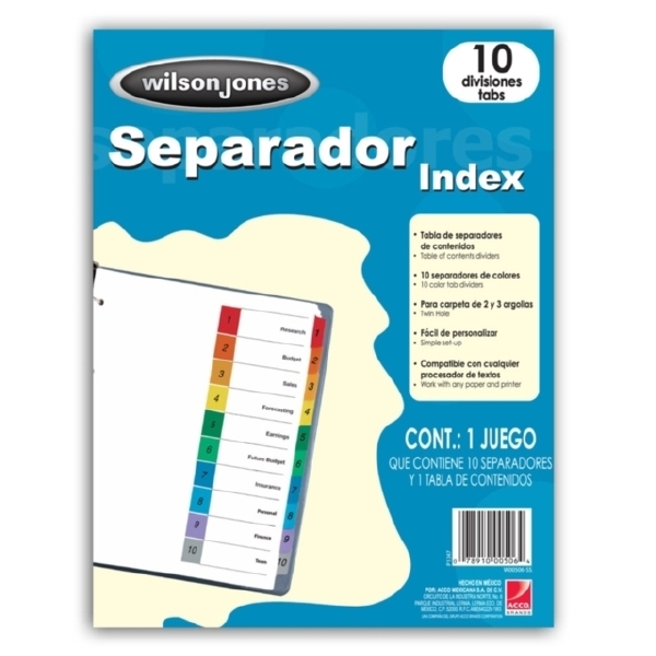 Separadores wilson jones p1347 index ceja c/10 colores