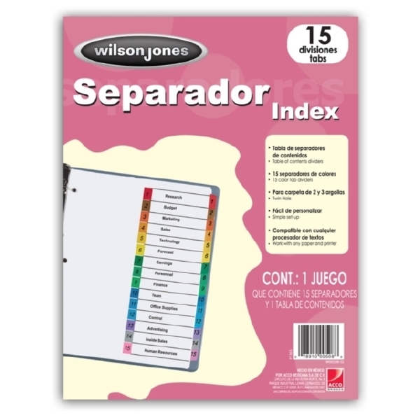 Separadores wilson jones p1365 index ceja c/15 colores