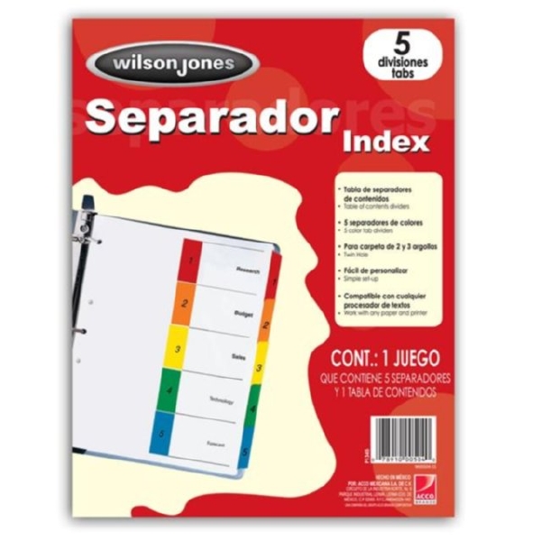 Separadores wilson jones p1345 index ceja c/5 colores