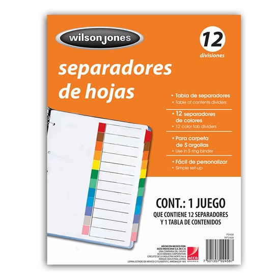 Separadores wilson jones p2458 c/12 colores p2458 sin numero